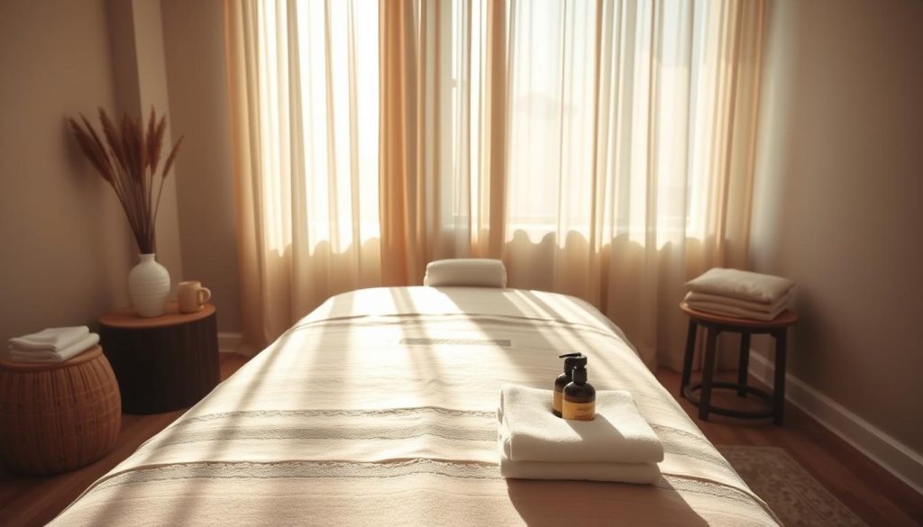 A peaceful massage studio with soothing neutral tones. Sunlight filters through sheer curtains, casting a soft glow on the wooden massage table. Artfully arranged massage oils, towels, and tools sit nearby, ready for a skilled practitioner to apply advanced techniques. The room exudes a tranquil ambiance, inviting the subject to fully relax and unwind. The camera captures the scene from an angle that highlights the serene, professional atmosphere, showcasing the essentials of an exceptional massage experience.