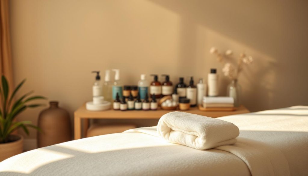 A serene massage therapy studio bathed in soft, natural lighting. The foreground features a massage table draped with a plush, white towel, inviting the viewer to imagine the calming experience of a professional massage. In the middle ground, an array of essential oils, lotions, and other massage therapy tools are artfully arranged, suggesting the expertise and care taken by the therapist. The background depicts a tranquil, earthy palette with soothing, minimalist decor, creating a sense of relaxation and wellness. The overall atmosphere evokes the career progression of a skilled massage therapist, from mastering the fundamental techniques to cultivating a serene, therapeutic environment.
