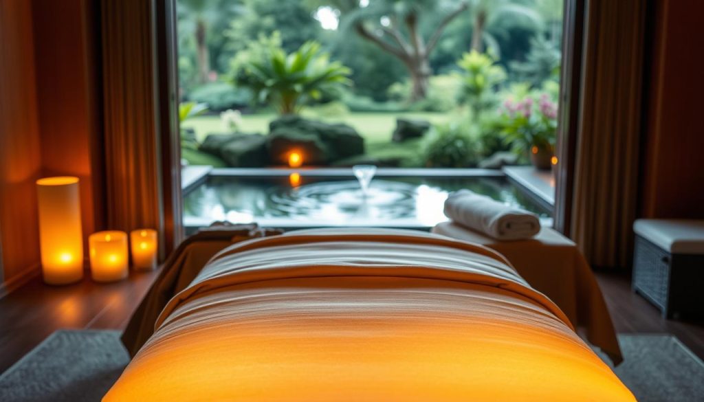 A tranquil spa setting with a massage table in the foreground, draped in soft, luxurious fabrics. Warm, diffused lighting casts a soothing glow, creating an atmosphere of relaxation and rejuvenation. In the background, a serene landscape with lush greenery and a calming water feature, hinting at the tranquil and rejuvenating nature of the massage profession. The scene conveys the high-end, professional environment associated with experienced masseuses and their fair salaries.