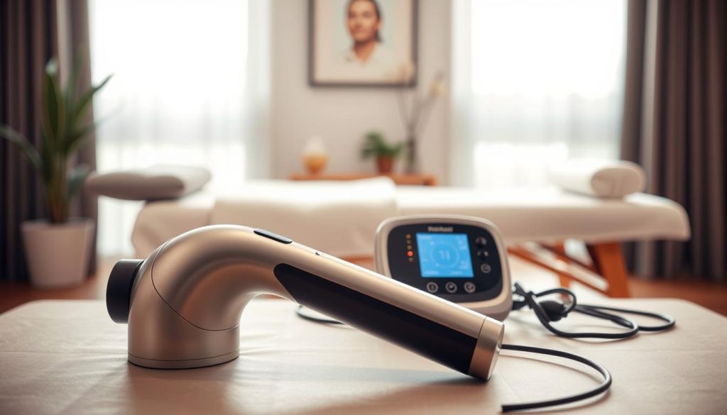 A well-lit room with a modern, sleek arrangement of physical therapy devices. In the foreground, a massage therapy tool with a curved handle and ergonomic design, its metallic finish reflecting the soft lighting. In the middle ground, a compact TENS unit and heating pad, their controls and displays clearly visible. In the background, a massage table and soothing neutral-toned decor, conveying a sense of comfort and relaxation. The overall atmosphere is one of professionalism and attention to detail, suitable for a home physical therapy setup.