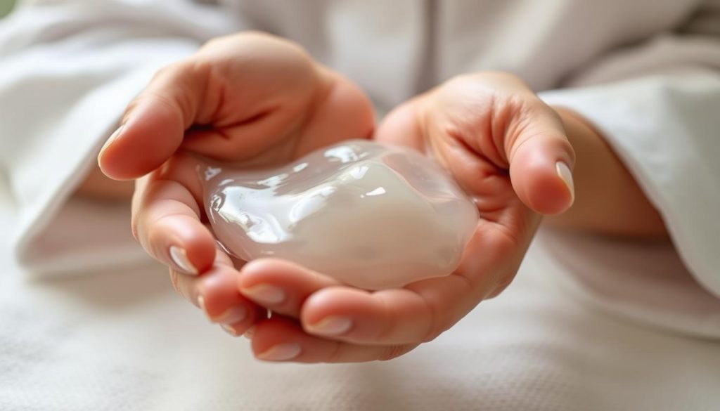 A closeup shot of a pair of hands applying massage gel onto the palms, creating a glistening, translucent texture. The gel is spread evenly, with a smooth, silky consistency. The lighting is soft and diffused, creating a serene, relaxing atmosphere. The background is blurred, keeping the focus on the hands and the gel application technique. The image conveys a sense of self-care, with the hands moving in gentle, soothing motions, illustrating the proper way to use massage gel for an at-home spa experience.
