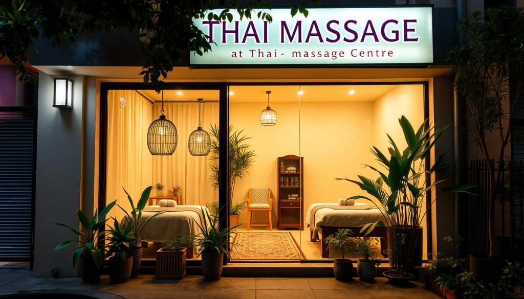 A cozy and inviting Thai massage center with serene ambiance, featuring plush treatment rooms with soft lighting and natural elements like potted plants and bamboo accents. The center's exterior showcases a harmonious blend of Thai architectural motifs and modern design, creating a welcoming atmosphere for visitors. Clients can enjoy a tranquil and rejuvenating Thai massage experience in a calming, spa-like setting.