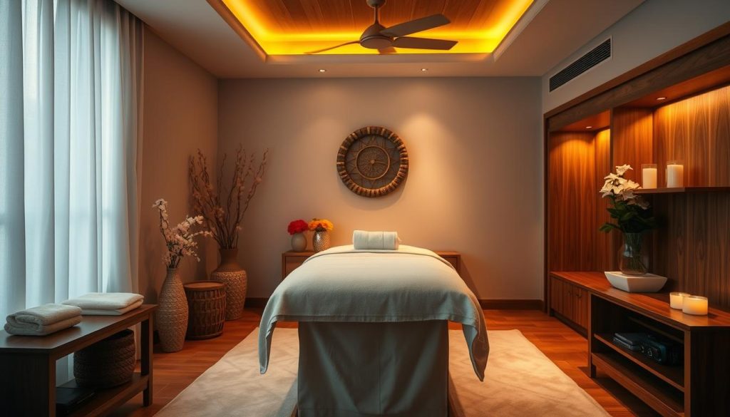 A cozy massage parlor interior, dimly lit with warm lighting, showcasing a comfortable massage table draped in soft fabrics. Gentle floral accents and soothing wooden elements create a serene, spa-like ambiance. The scene captures the overall quality and attention to detail that a high-end massage establishment would offer, inviting the viewer to envision the relaxing experience within.
