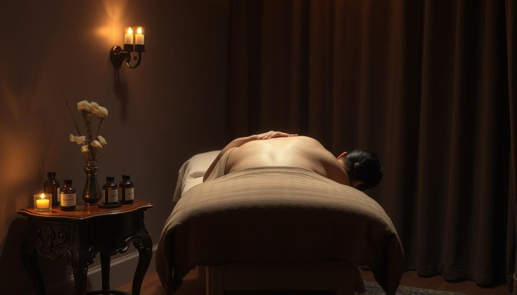 A dimly lit, cozy massage therapy room in Istanbul's Cihangir district. Soft, warm lighting casts a serene glow, illuminating the plush, earthy-toned linens and aromatic essential oils on the ornate wooden side table. In the center, a graceful massage therapist's hands glide across the back of a relaxed client, their skilled touch inducing a deep state of tranquility. The space exudes an air of professionalism and expertise, transporting the viewer to a sanctuary of rejuvenation and wellness.
