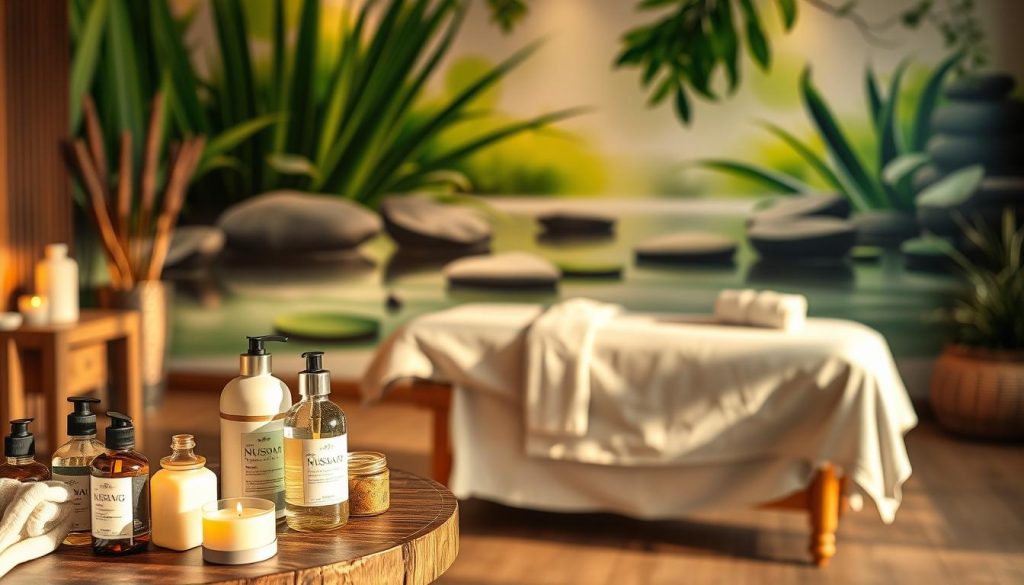 A serene and tranquil massage parlor interior, bathed in warm, soft lighting. The foreground features an assortment of massage oils, lotions, and aromatic candles, neatly arranged on a wooden side table. In the middle ground, a cozy massage table draped in plush linens, inviting the viewer to relax and unwind. The background showcases a calming, nature-inspired mural, with lush greenery and soothing water elements, creating a zen-like atmosphere. Gentle shadows and highlights accentuate the textures and contours of the scene, conveying a sense of balance and tranquility. The overall mood is one of rejuvenation and wellness, perfectly capturing the benefits of a Nuspa massage.