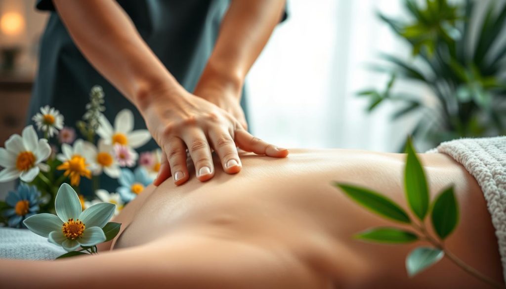 A serene and tranquil scene depicting the key benefits of massage for health. In the foreground, a set of hands performing a soothing massage on a relaxed, stress-free individual. The middle ground showcases various symbols of wellness, such as flowers, leaves, and calming hues of blue and green. In the background, a soft, diffused light filters through a window, creating a calming atmosphere. The overall composition conveys the restorative and rejuvenating effects of massage, highlighting its ability to alleviate tension, improve circulation, and promote a sense of well-being.
