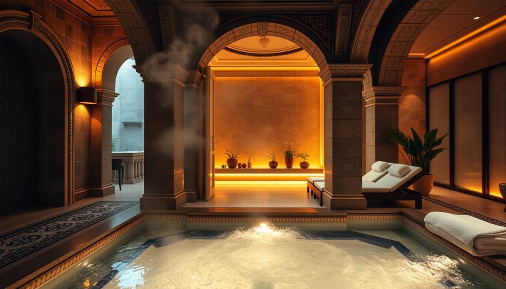 A serene and tranquil spa interior with a traditional Turkish hamam aesthetic. The foreground features a luxurious, steam-filled bathing area with ornate stone architecture, intricate tile patterns, and warm lighting casting a soothing, relaxing ambiance. The middle ground showcases elegant lounge seating and plush towels, while the background depicts a calming, minimalist decor with natural elements like potted plants. The overall scene evokes a peaceful, spa-like atmosphere that invites the viewer to indulge in pampering and rejuvenation.