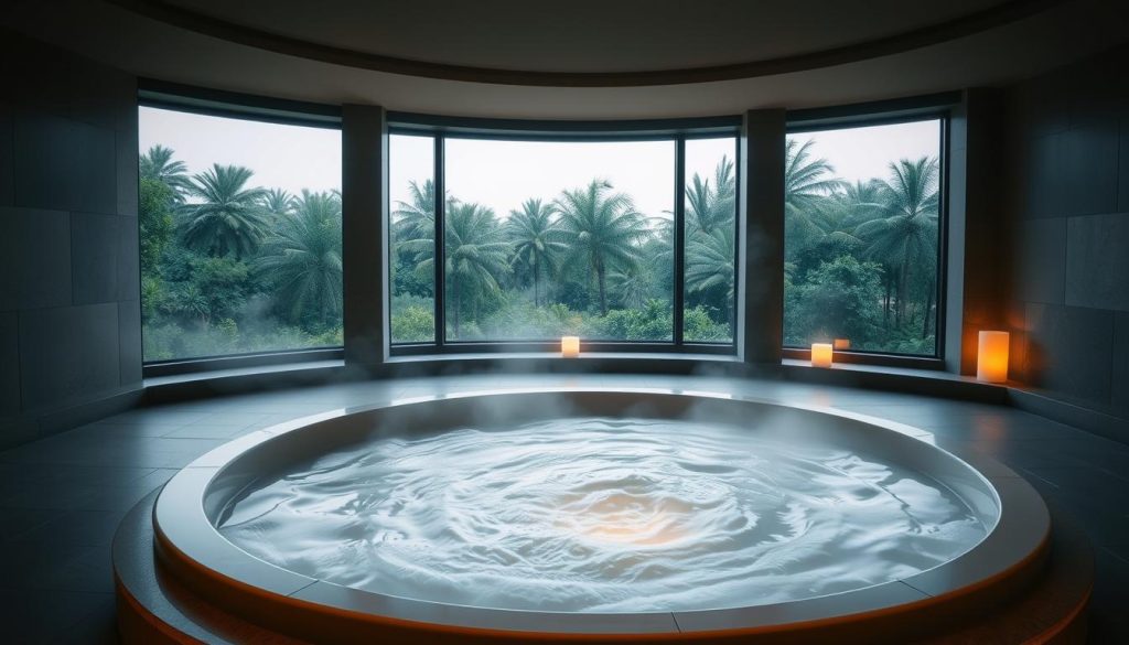 A serene, dimly lit indoor spa setting with a large oval-shaped tub filled with steaming, gently rippling water. The tub is surrounded by smooth, polished stone tiles and warm ambient lighting. In the background, a large window offers a view of a lush, verdant garden. The overall atmosphere is one of tranquility, relaxation, and luxurious indulgence, perfectly capturing the essence of the "Hilton Kozyatağı Spa Masaj: Rahatlama ve Lüks Deneyim" experience.