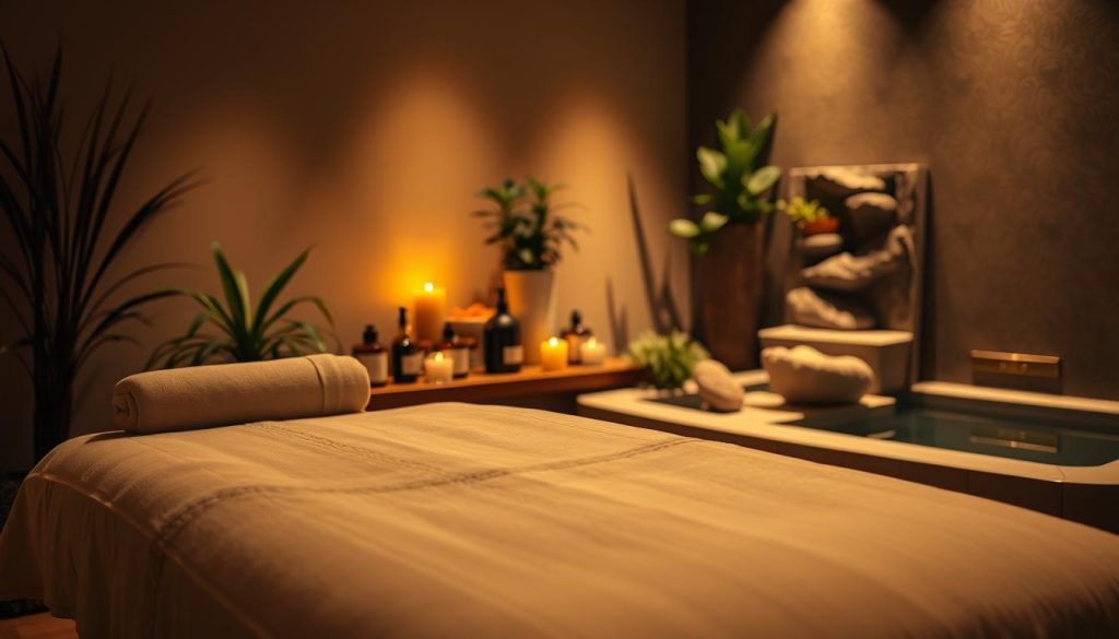 A serene, dimly lit massage studio with warm, soft lighting casting a gentle glow. In the foreground, a massage table covered in plush linens, inviting the viewer to relax and unwind. In the middle ground, various massage oils and tools neatly arranged, hinting at the holistic experience to come. The background features soothing natural elements, such as potted plants and a tranquil water feature, creating a calming, spa-like atmosphere. The overall composition conveys a sense of harmony, balance, and the restorative power of regular massage sessions.