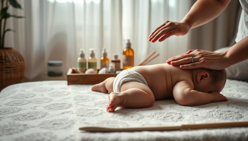 A serene, dimly lit scene of a gentle baby massage. In the foreground, a plump, content infant lies on a soft, velvety surface, as a pair of caring hands gently kneads their back with a soothing massage gel. The middle ground features an array of massage oils, lotions, and tools arranged neatly on a wooden tray, casting a warm, amber glow. In the background, a tranquil, neutral-toned room sets the calming atmosphere, with soft natural lighting filtering through sheer curtains. The overall mood is one of tenderness, relaxation, and nurturing care, perfectly suited for a baby massage tutorial.