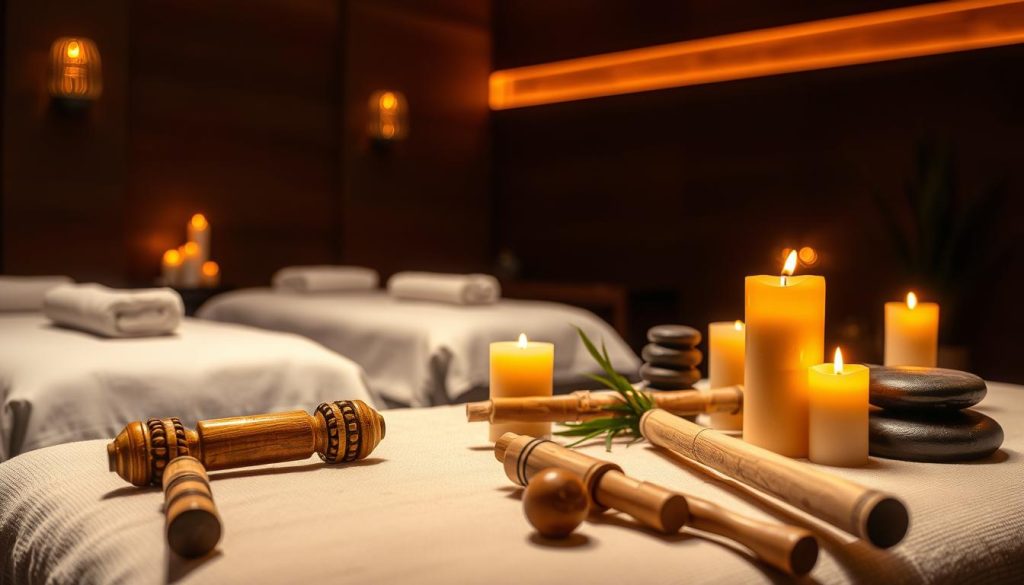 A serene, dimly lit spa-like setting with plush massage tables and soothing natural elements. Aromatherapy candles flicker, casting a warm glow over the scene. Soft music plays in the background, creating a tranquil atmosphere. In the foreground, various traditional massage tools and techniques are displayed, such as wooden massage rollers, heated stones, and bamboo sticks. The scene conveys a sense of holistic well-being and ancient healing practices, reflecting the alternative and traditional nature of the massage techniques.