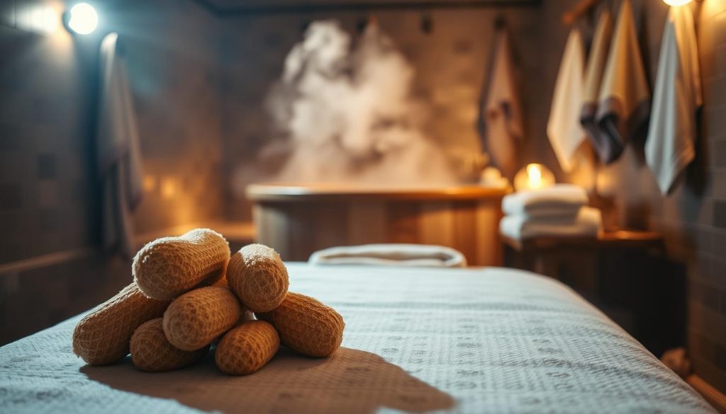 A serene, dimly lit spa setting with a massage table in the foreground. Soft, atmospheric lighting creates a warm, relaxing ambiance. On the table, a pile of natural sponges and kese gloves, ready for a traditional Turkish bath treatment. In the middle ground, steam rises from a wooden tub, hinting at the upcoming kese köpük massage. The background features a tiled wall with hanging towels and other spa accoutrements, conveying a sense of authenticity and attention to detail. The overall mood is one of tranquility and indulgence, inviting the viewer to immerse themselves in the luxurious experience. A serene, dimly lit spa setting with a massage table in the foreground. Soft, atmospheric lighting creates a warm, relaxing ambiance. On the table, a pile of natural sponges and kese gloves, ready for a traditional Turkish bath treatment. In the middle ground, steam rises from a wooden tub, hinting at the upcoming kese köpük massage. The background features a tiled wall with hanging towels and other spa accoutrements, conveying a sense of authenticity and attention to detail. The overall mood is one of tranquility and indulgence, inviting the viewer to immerse themselves in the luxurious experience.