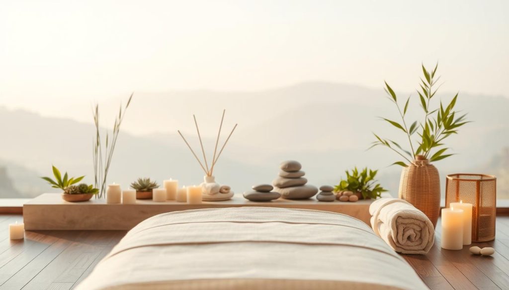 A serene, softly-lit scene depicting the concept of "stress relief" or "stres azaltma". In the foreground, a tranquil massage table is positioned, surrounded by soothing elements like candles, essential oil diffusers, and plush towels. The middle ground features a tasteful blend of natural textures and colors, such as smooth river stones, bamboo accents, and lush, verdant plants. The background is a calming, out-of-focus landscape with gentle hills and a soft, diffused sky. The overall atmosphere is one of relaxation, comfort, and rejuvenation, perfectly encapsulating the benefits of the Çekmeköy Massage experience.