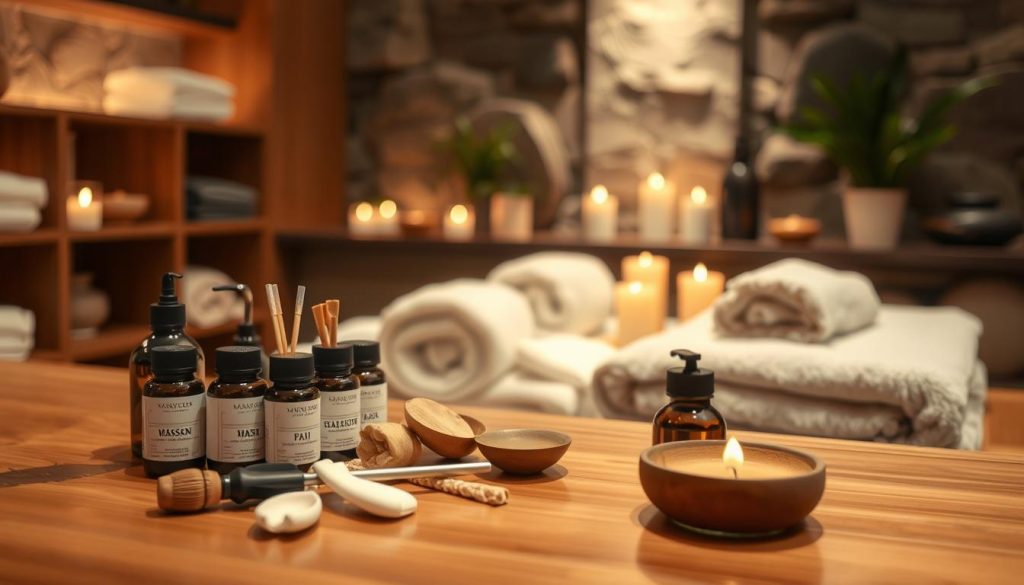 A serene spa setting in Istanbul's Taksim district, showcasing an array of massage treatments. The foreground features an assortment of massage tools and oils, arranged artfully on a polished wooden surface. In the middle ground, plush towels and soothing candles create a calming ambiance. The background depicts a zen-inspired environment with natural stone accents and soft lighting, evoking a sense of relaxation and rejuvenation. The entire scene is captured with a shallow depth of field, emphasizing the focus on the massage offerings. The mood is one of tranquility and indulgence, inviting the viewer to imagine the luxurious spa experience.