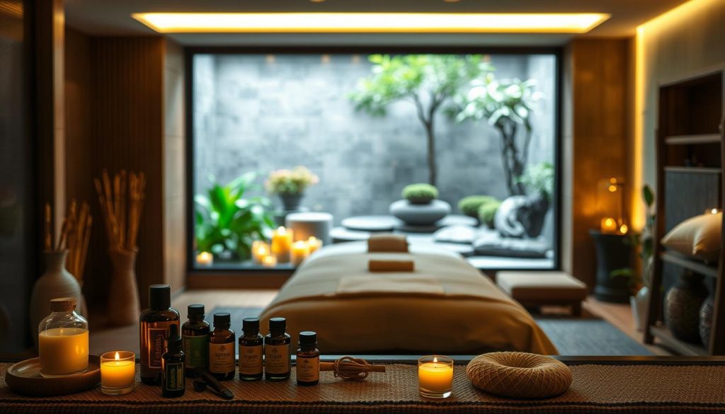 A serene spa setting with a focus on the benefits of Thai, Swedish, and relaxation massages. A dimly lit room with soft lighting, soothing colors, and natural textures like bamboo and stone. In the foreground, an array of essential oils, candles, and massage tools. In the middle ground, a massage table with plush linens and a tranquil zen garden in the background, creating a calming, restorative atmosphere. Capture the essence of the massage experience, highlighting the physical and mental relaxation it provides.