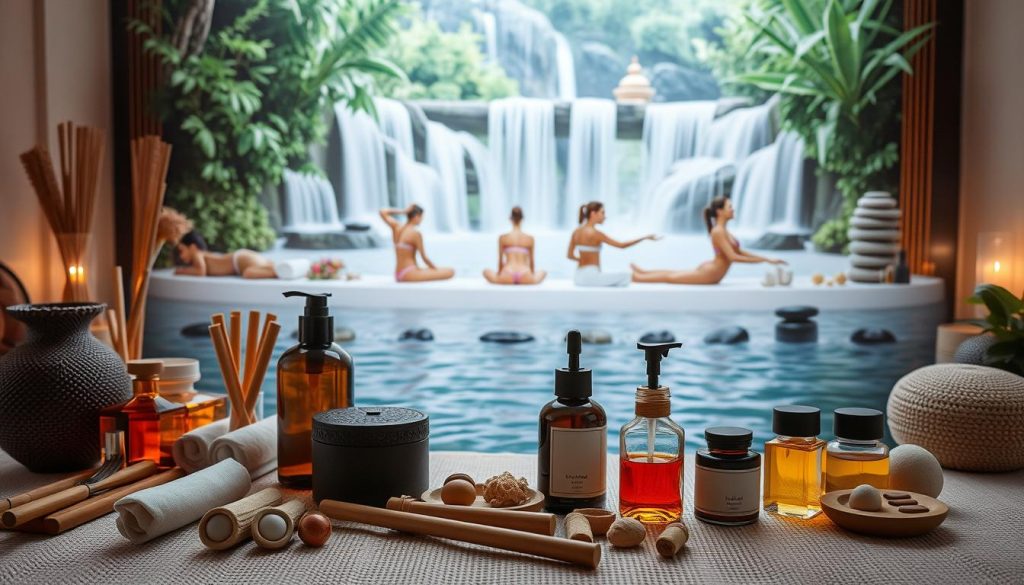 A serene spa setting with an array of massage modalities prominently displayed. In the foreground, various massage tools and oils are neatly arranged, conveying a sense of tranquility and wellness. The middle ground features a selection of massage techniques, such as Swedish, deep tissue, and hot stone, illustrated through dynamic yet graceful poses. The background depicts a calming, natural environment, perhaps with soothing waterfalls or lush greenery, to create an immersive and rejuvenating atmosphere. The lighting is soft and diffused, evoking a relaxing ambiance. The overall composition strikes a balance between informative and visually captivating, reflecting the comprehensive nature of the "Masaj Türleri ve Yöntemleri" section.
