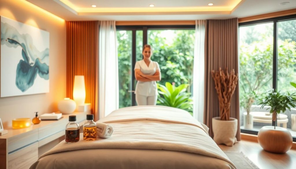 A serene, warmly lit massage studio with soft lighting and clean, modern decor. In the foreground, a massage table is neatly arranged with plush linens and towels. Beside it, a selection of natural massage oils and botanicals in glass jars. In the middle ground, a professional masseuse stands ready, dressed in a crisp white uniform, exuding an aura of calm expertise. In the background, soothing abstract artwork and a large window overlooking a verdant garden create a tranquil, rejuvenating atmosphere. The overall mood is one of restorative wellness and relaxation.