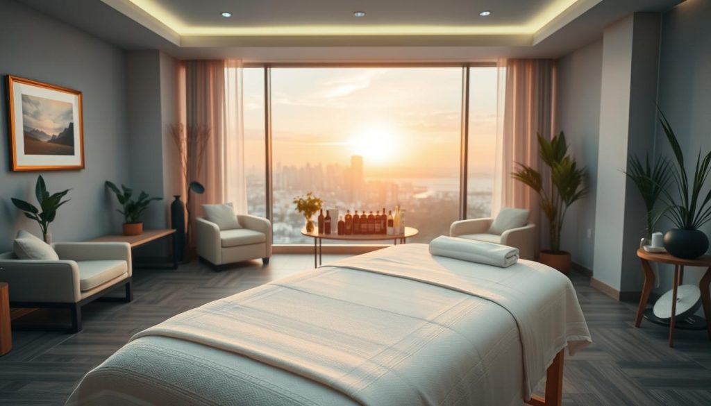 A tranquil massage parlor interior, with soft lighting and soothing colors. In the foreground, a wooden massage table with clean white linens, set against a backdrop of elegant decor - plush chairs, calming wall art, and potted plants. The middle ground features an array of massage oils and lotions, neatly arranged on a side table. In the background, a large window overlooking a serene cityscape, with the warm glow of the setting sun casting a gentle ambiance throughout the space. The overall tone is one of relaxation, comfort, and professionalism, inviting the viewer to envision the high-quality massage experience. A tranquil massage parlor interior, with soft lighting and soothing colors. In the foreground, a wooden massage table with clean white linens, set against a backdrop of elegant decor - plush chairs, calming wall art, and potted plants. The middle ground features an array of massage oils and lotions, neatly arranged on a side table. In the background, a large window overlooking a serene cityscape, with the warm glow of the setting sun casting a gentle ambiance throughout the space. The overall tone is one of relaxation, comfort, and professionalism, inviting the viewer to envision the high-quality massage experience.
