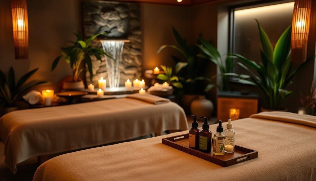 A tranquil spa setting with a focus on a relaxing massage experience. A cozy, dimly lit room with luxurious, plush massage tables draped in soft, inviting linens. Flickering candlelight casts a warm glow, while the soothing scent of essential oils fills the air. In the background, a water feature gently cascades, creating a calming ambiance. Lush, verdant plants and natural wood accents add to the serene atmosphere. High-quality massage tools and oils are neatly arranged, ready to provide a rejuvenating therapy session. The overall mood is one of peaceful tranquility, inviting visitors to unwind and indulge in the ultimate relaxation.