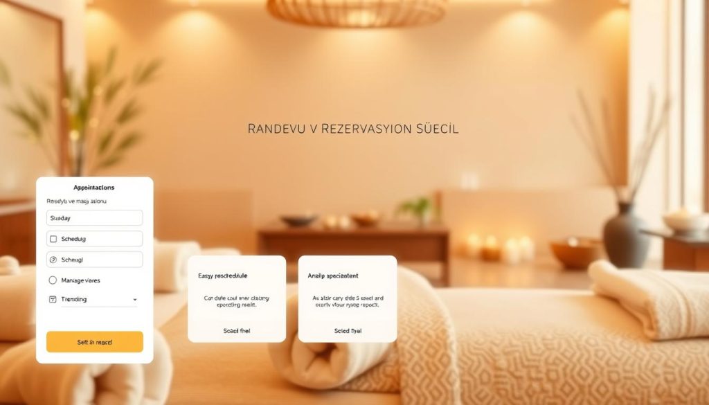 A well-designed, user-friendly online appointment booking system in a warm, inviting spa environment. Set against a backdrop of soothing natural tones, the system's clean, intuitive interface is highlighted, showcasing easy-to-navigate features for scheduling, rescheduling, and managing appointments. Soft lighting and a sense of tranquility evoke the relaxing atmosphere of the Elit Spa Masaj Salonu. The arrangement of the layout and visual elements conveys a seamless, stress-free reservation process, reflecting the section title "Randevu ve Rezervasyon Süreci".