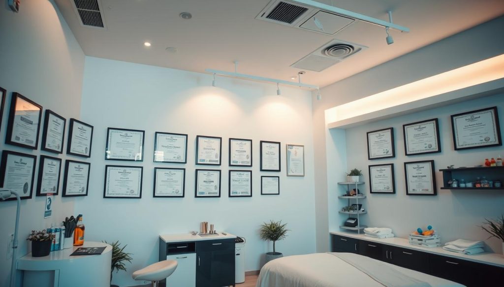 A well-lit and professionally designed salon interior, with a focus on the massage training area. The space is clean, modern, and exudes an atmosphere of relaxation and expertise. Various certification documents and diplomas are prominently displayed on the walls, highlighting the staff's educational qualifications. The lighting is soft and warm, creating a serene ambiance. The camera angle captures the scene from a slightly elevated perspective, giving a comprehensive view of the organized and inviting workspace dedicated to professional massage training and certification.