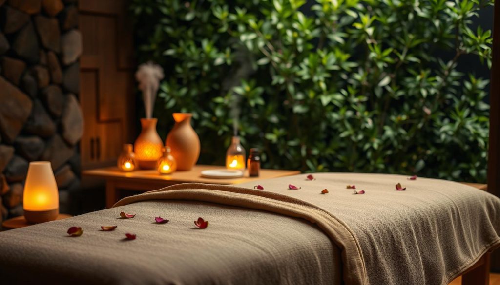 A cozy aromatherapy massage scene: a dimly lit, serene space with natural stone accents and warm lighting. In the foreground, a wooden massage table is draped with soft, earthy-toned linens, adorned with delicate flower petals. Nearby, a collection of essential oil diffusers emit soothing aromas, their soft glow illuminating the tranquil atmosphere. In the background, a lush, verdant foliage backdrop evokes a sense of connection to nature's healing powers. The composition is balanced, with clean lines and a calming, harmonious color palette that invites relaxation and rejuvenation. A cozy aromatherapy massage scene: a dimly lit, serene space with natural stone accents and warm lighting. In the foreground, a wooden massage table is draped with soft, earthy-toned linens, adorned with delicate flower petals. Nearby, a collection of essential oil diffusers emit soothing aromas, their soft glow illuminating the tranquil atmosphere. In the background, a lush, verdant foliage backdrop evokes a sense of connection to nature's healing powers. The composition is balanced, with clean lines and a calming, harmonious color palette that invites relaxation and rejuvenation.