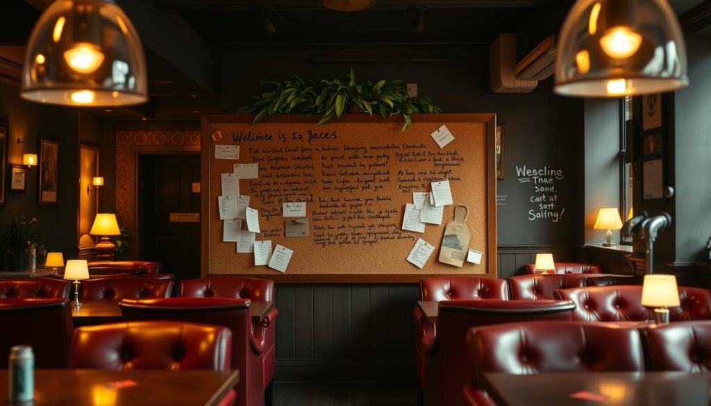 A cozy, dimly lit cafe interior with warm lighting and soft textures. Rows of red leather armchairs and mahogany tables fill the space, creating an intimate atmosphere. In the center, a large cork bulletin board displays handwritten customer reviews, with various notes and sticky tabs pinned around it. The reviews are written in a cursive script, conveying a sense of thoughtfulness and personal experience. The background is slightly blurred, drawing the viewer's attention to the bulletin board at the focal point. Hints of greenery and small lamps provide a sense of comfort and relaxation, reflecting the overall mood of the space.