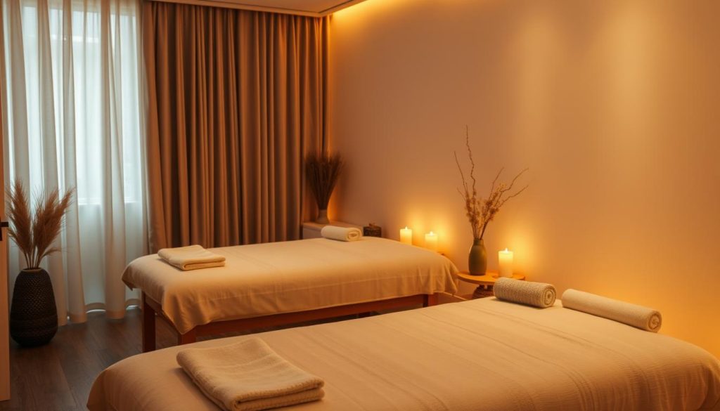A cozy, serene massage therapy studio in Istanbul's Taksim district. Warm, diffused lighting creates a tranquil ambiance, complemented by the soothing scent of aromatherapy oils. Plush massage tables are nestled among minimalist decor, evoking a sense of personalized, high-quality service. Soft, natural textures and muted tones dominate the scene, inviting relaxation and rejuvenation. The camera captures a peaceful, intimate setting, where the focus is solely on the guest's wellbeing and comfort.
