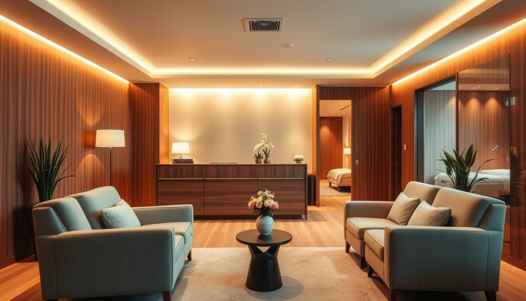 A cozy, well-lit massage parlor reception area with a sleek, modern design featuring warm wood tones and minimalist furnishings. A centralized reception desk sits in the foreground, flanked by a pair of plush, inviting armchairs. Soft, diffused lighting from overhead fixtures casts a serene glow, creating a calming atmosphere. The middle ground showcases a tasteful plant display and a small side table with a vase of fresh flowers, while the background reveals a hallway leading to private massage rooms, conveying a sense of privacy and professionalism. The overall scene exudes a welcoming, tranquil ambiance suitable for a high-end massage salon.