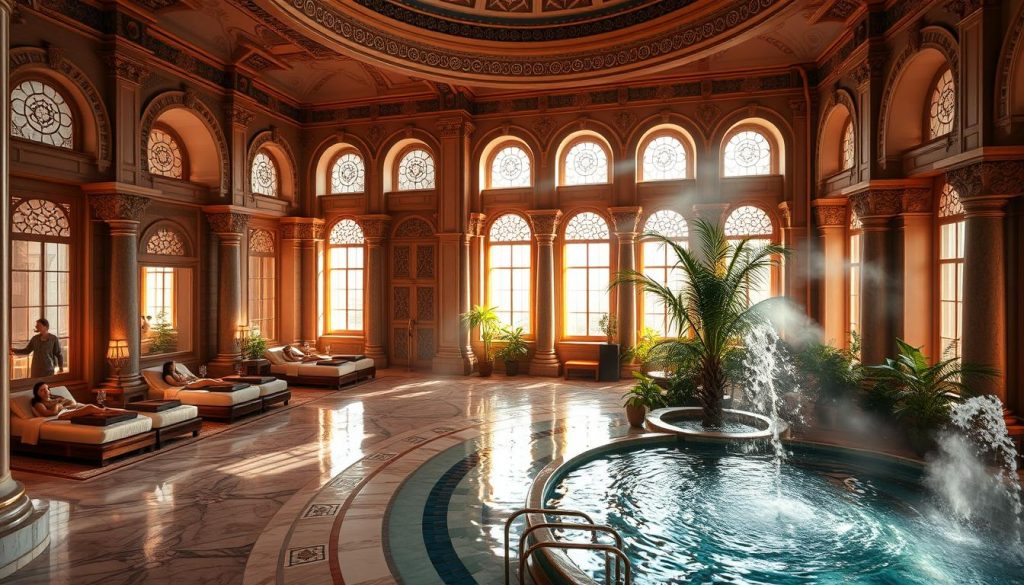 A grand and luxurious Turkish spa, its interiors bathed in soft, warm lighting. Elegant marble floors, ornate columns, and intricate arched doorways evoke the opulent grandeur of the Ottoman era. Plush, jewel-toned fabrics adorn the treatment rooms, where guests recline on serene, tranquil beds. Steaming hot tubs are nestled in alcoves, surrounded by lush greenery and the gentle sound of fountains. Sunlight filters through tall windows, casting a serene, ethereal glow over the entire scene. An atmosphere of indulgence, relaxation, and timeless beauty permeates this sublime spa oasis.