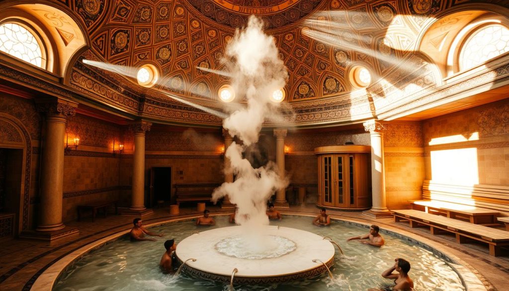 A lavishly appointed Turkish hamam, its domed ceilings soaring overhead, bathed in warm, golden light filtering through intricate arabesque tiles. Plumes of fragrant steam drift across the central marble slab, where patrons recline, soothed by the rhythmic splashing of water. In an adjoining room, a wood-fired sauna radiates a tranquil, dry heat, its benches beckoning weary muscles to unwind. The overall atmosphere exudes a sense of timeless serenity and rejuvenation, capturing the essence of this centuries-old Istanbul tradition.