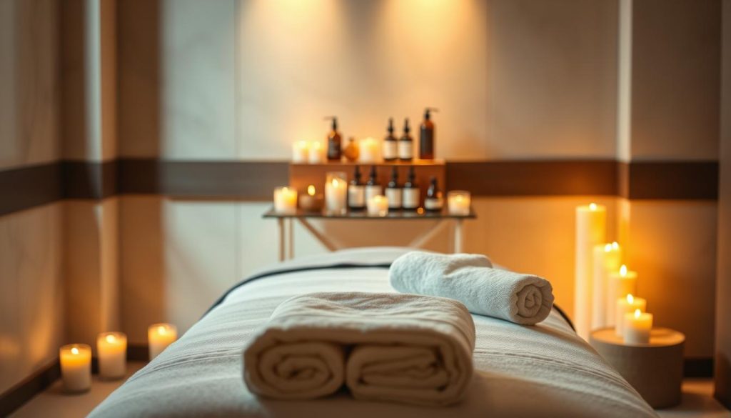 A luxurious and serene spa setting, bathed in warm, soft lighting. In the foreground, a padded massage table draped with plush towels, surrounded by candles and the gentle glow of essential oil diffusers. In the middle ground, an array of therapeutic massage tools and oils, neatly arranged on a side table. The background features muted, soothing colors and textures, such as natural stone or wood panels, creating a calming, tranquil atmosphere. The overall mood is one of relaxation, rejuvenation, and the promise of a deeply restorative and personalized massage experience.
