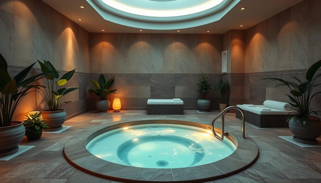 A luxurious spa setting featuring a tranquil indoor jacuzzi surrounded by natural stone tiles and soothing ambient lighting. Lush greenery and potted plants add a serene, rejuvenating atmosphere. Soft, diffused lighting creates a warm, calming glow throughout the space. The jacuzzi is the focal point, inviting visitors to indulge in a therapeutic and indulgent bathing experience. Elegant, minimalist design elements complement the overall spa-like ambiance, conveying a sense of relaxation and well-being.
