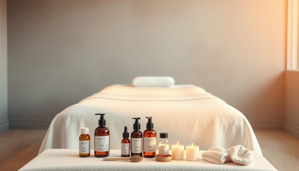A modern, minimalist composition showcasing online massage services. Set in a tranquil, soothing environment, the frame captures a sleek massage table draped in crisp, white linens. Warm, diffused lighting casts a serene glow, accenting the clean, uncluttered design. In the foreground, an array of massage oils and tools are neatly arranged, hinting at the high-quality services available. The background blends calming hues of gray and blue, creating a sense of calm and relaxation. The overall atmosphere conveys a seamless, efficient and indulgent online massage experience.