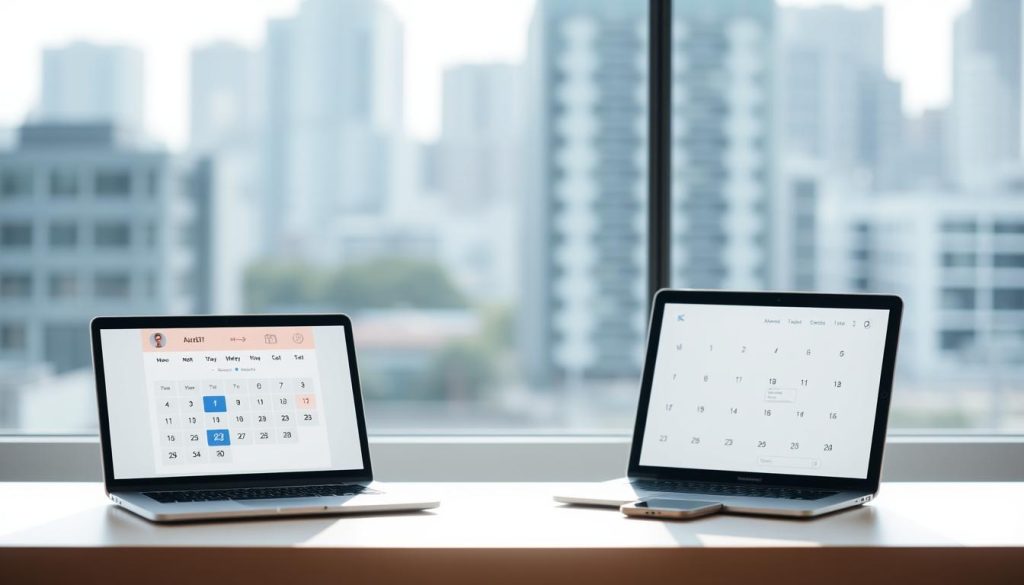 A modern, sleek online appointment booking system with a minimalist user interface. The foreground features a stylized calendar and time slots displayed on a digital screen, reflecting the clean and organized nature of the service. The middle ground showcases a minimalist desktop setup, with a laptop, smartphone, and minimal decor, highlighting the convenience and accessibility of the system. The background presents a blurred urban landscape, suggesting the integration of this online service into the daily lives of users. The lighting is soft and natural, creating a calming and professional atmosphere. The overall composition conveys the efficiency, reliability, and user-friendliness of the online appointment booking system.