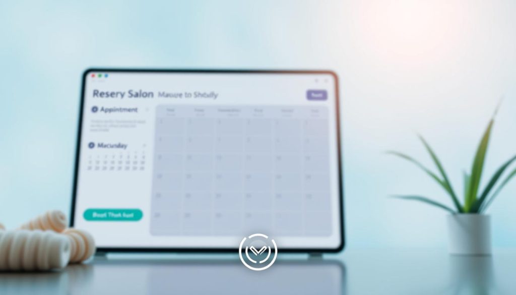 A modern, user-friendly online reservation system with a clean, intuitive interface. The system features a calendar view displaying available appointment slots, allowing users to easily select and book their desired service. The background has a soft, calming gradient of soothing blues and greens, creating a professional and trustworthy atmosphere. In the foreground, a stylized icon or graphic representation of the massage salon's logo or branding subtly complements the overall design. The lighting is bright yet diffused, giving the image a sense of openness and clarity. The camera angle is slightly elevated, providing an overview of the system's layout and functionality. A modern, user-friendly online reservation system with a clean, intuitive interface. The system features a calendar view displaying available appointment slots, allowing users to easily select and book their desired service. The background has a soft, calming gradient of soothing blues and greens, creating a professional and trustworthy atmosphere. In the foreground, a stylized icon or graphic representation of the massage salon's logo or branding subtly complements the overall design. The lighting is bright yet diffused, giving the image a sense of openness and clarity. The camera angle is slightly elevated, providing an overview of the system's layout and functionality.
