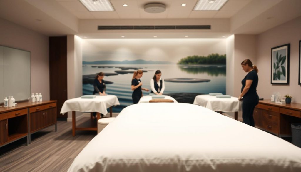 A relaxing massage therapy classroom setting, with a large table in the foreground set up for practice. Soft, indirect lighting illuminates the space, creating a calming atmosphere. The table is covered in crisp, white linens, and an array of massage oils and tools are neatly arranged nearby. In the middle ground, students in professional attire are engaged in hands-on training, their faces obscured to maintain privacy. In the background, a soothing mural or artwork depicting a serene natural scene, further enhancing the tranquil mood. The overall composition conveys the professionalism and high-quality instruction of an accredited massage therapy program. A relaxing massage therapy classroom setting, with a large table in the foreground set up for practice. Soft, indirect lighting illuminates the space, creating a calming atmosphere. The table is covered in crisp, white linens, and an array of massage oils and tools are neatly arranged nearby. In the middle ground, students in professional attire are engaged in hands-on training, their faces obscured to maintain privacy. In the background, a soothing mural or artwork depicting a serene natural scene, further enhancing the tranquil mood. The overall composition conveys the professionalism and high-quality instruction of an accredited massage therapy program.