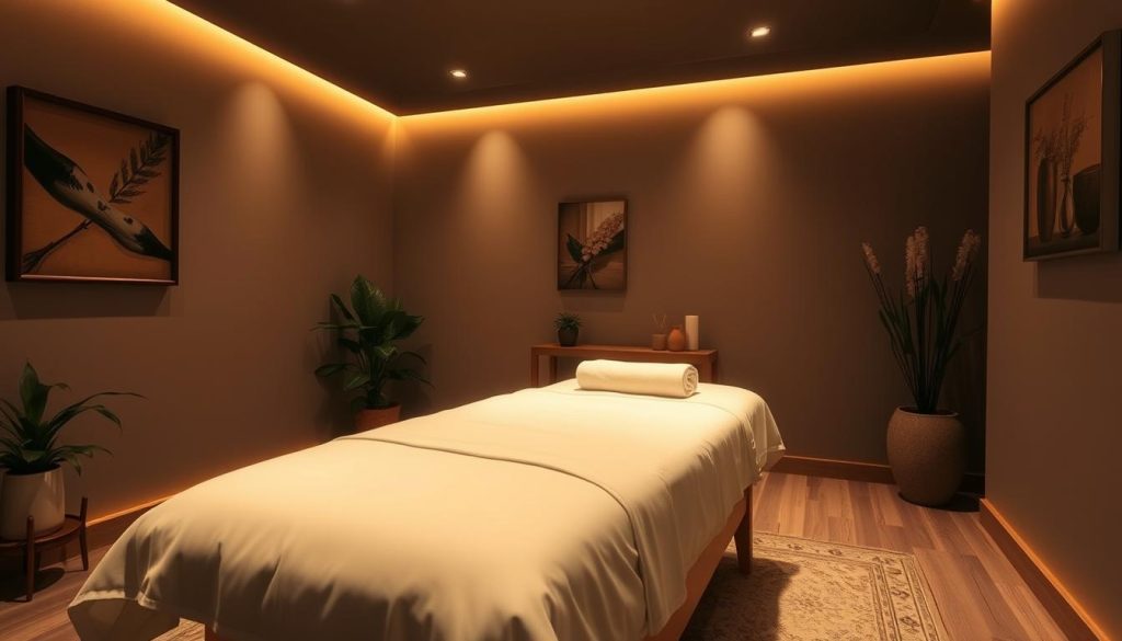 A serene and inviting massage parlor interior, featuring a dimly lit room with soft, warm lighting. The centerpiece is a plush, luxurious massage table adorned with crisp, white linens. The walls are adorned with soothing artwork and natural elements like potted plants, creating a tranquil, spa-like ambiance. The room is bathed in a soft, muted color palette, evoking a sense of relaxation and rejuvenation. The image conveys the high-quality, professional massage services offered at the Göztepe Massage Salon.