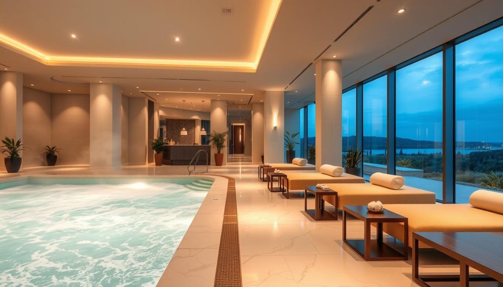 A serene and luxurious spa interior, bathed in soft, warm lighting. The foreground features a tranquil indoor pool with steaming waters, surrounded by elegant white marble tiles. The middle ground showcases plush, comfortable lounge chairs and side tables, inviting guests to relax and unwind. In the background, there are subtle details like potted plants, minimalist decor, and large windows overlooking a picturesque outdoor landscape. The overall atmosphere exudes a sense of exclusivity, indulgence, and rejuvenation, perfectly capturing the essence of "lüks spa hizmetleri". A serene and luxurious spa interior, bathed in soft, warm lighting. The foreground features a tranquil indoor pool with steaming waters, surrounded by elegant white marble tiles. The middle ground showcases plush, comfortable lounge chairs and side tables, inviting guests to relax and unwind. In the background, there are subtle details like potted plants, minimalist decor, and large windows overlooking a picturesque outdoor landscape. The overall atmosphere exudes a sense of exclusivity, indulgence, and rejuvenation, perfectly capturing the essence of "lüks spa hizmetleri".
