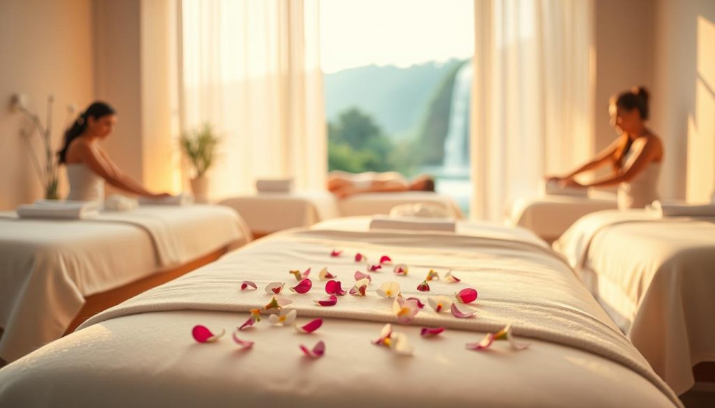 A serene and soothing massage therapy scene, capturing the essence of healthy living. Soft, warm lighting illuminates a peaceful spa-like setting, with plush massage tables draped in crisp, white linens. Fragrant essential oils diffuse throughout, creating a calming ambiance. In the foreground, delicate flower petals are strewn across the tables, adding a touch of natural beauty. In the middle ground, skilled massage therapists use long, flowing strokes to ease muscle tension and promote relaxation. The background features a serene landscape, perhaps with a tranquil waterfall or lush greenery, further enhancing the sense of tranquility and well-being. A serene and soothing massage therapy scene, capturing the essence of healthy living. Soft, warm lighting illuminates a peaceful spa-like setting, with plush massage tables draped in crisp, white linens. Fragrant essential oils diffuse throughout, creating a calming ambiance. In the foreground, delicate flower petals are strewn across the tables, adding a touch of natural beauty. In the middle ground, skilled massage therapists use long, flowing strokes to ease muscle tension and promote relaxation. The background features a serene landscape, perhaps with a tranquil waterfall or lush greenery, further enhancing the sense of tranquility and well-being.