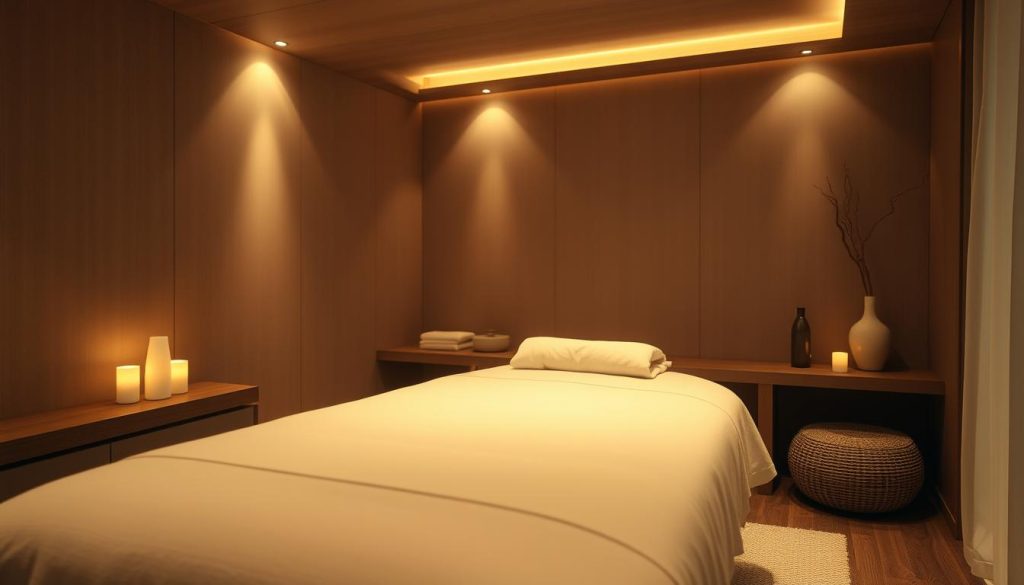 A serene and tranquil massage experience in a cozy, dimly lit room. Soft, warm lighting casts a gentle glow, creating a soothing atmosphere. Smooth, polished wooden surfaces and natural textiles evoke a sense of relaxation. A plush, oversized massage table takes center stage, inviting the viewer to imagine the personalized, rejuvenating experience. Calming, earthy scents waft through the air, complementing the zen-like ambiance. The camera angle is slightly elevated, capturing the intimate and indulgent setting, ready to transport the viewer into a world of personalized, professional massage therapy.