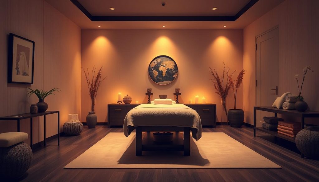 A serene and tranquil massage studio, bathed in warm, soft lighting. A plush, inviting massage table takes center stage, surrounded by elegant decor and soothing botanical accents. The atmosphere exudes a sense of relaxation and rejuvenation, beckoning the viewer to imagine the comforting, specialized massage services on offer. The scene is captured through a medium-wide angle lens, creating a calming, immersive perspective. Subtle, natural textures and muted tones evoke a sense of luxury and care, setting the stage for an indulgent, personalized massage experience.