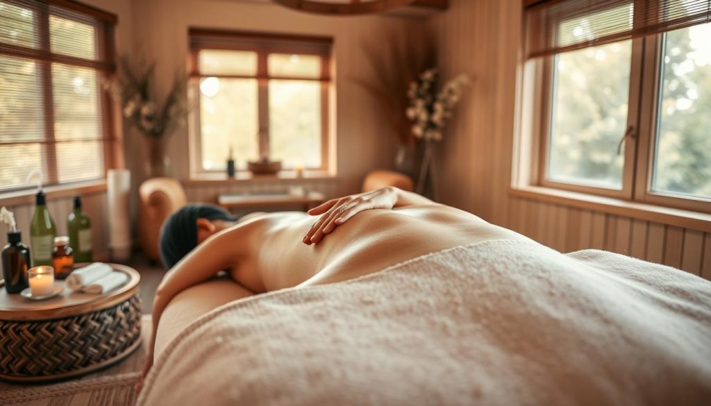 A serene and tranquil massage therapy session in a cozy Istanbul Göktürk spa, with soothing natural light filtering through large windows. Smooth, toned hands expertly applying therapeutic massage techniques to relax and rejuvenate the body. Soft, earthy tones of the wooden decor and plush fabrics create a calming atmosphere. Delicate scents of essential oils and the gentle sounds of flowing water transport the viewer to a state of deep relaxation. The overall scene conveys the beneficial effects of massage treatments on physical and mental well-being.