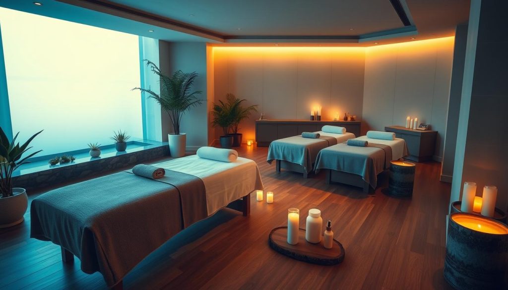 A serene and tranquil spa-like setting with plush massage tables, dim lighting, and soothing natural elements like potted plants and a water feature. The space exudes a calming, luxurious atmosphere, inviting visitors to unwind and indulge in a personalized pampering experience. Soft, warm lighting emanates from overhead fixtures, casting a gentle glow across the scene. The floors are covered in a rich, natural-toned hardwood, complemented by neutral-colored walls and minimalist decor. Soft, textured fabrics adorn the massage tables, and a variety of high-quality massage oils and lotions are neatly displayed on side tables, ready to enhance the relaxing experience.