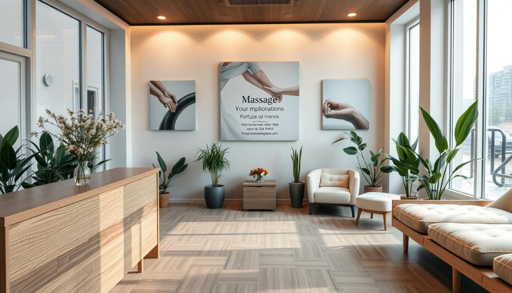 A serene, cozy massage parlor reception area with a warm, inviting ambiance. The room is bathed in soft, natural lighting from large windows, creating a calming atmosphere. A modern, minimalist wooden desk stands in the foreground, adorned with a simple vase of fresh flowers. Behind the desk, a sleek, contemporary display showcases the available massage services and contact information. The middle ground features plush, comfortable seating arrangements, inviting visitors to relax and make their appointment. In the background, soothing abstract artwork and potted plants create a harmonious, spa-like environment. An overall sense of tranquility and professionalism pervades the scene, reflecting the high-quality experience offered by Cerrahpaşa Masaj Salonu.