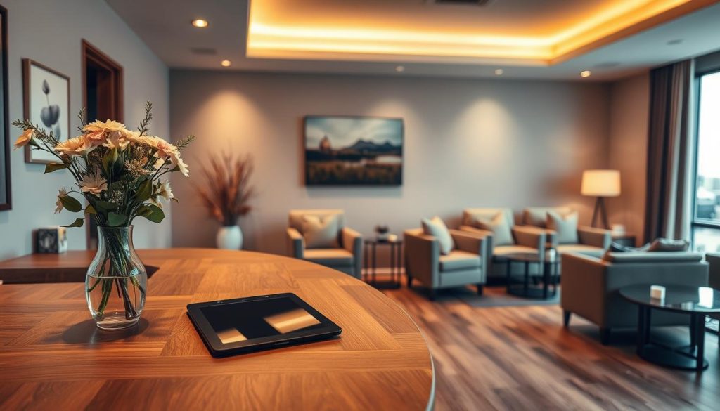 A serene massage parlor reception area, with a warm and inviting atmosphere. A wooden desk in the foreground, adorned with a sleek tablet device and a vase of fresh flowers. In the middle ground, plush armchairs and side tables create a cozy waiting space. The background features soft, muted lighting, calming wall art, and a large window offering a glimpse of the city outside. The overall composition conveys a sense of tranquility and professionalism, setting the stage for a memorable and rejuvenating massage experience.