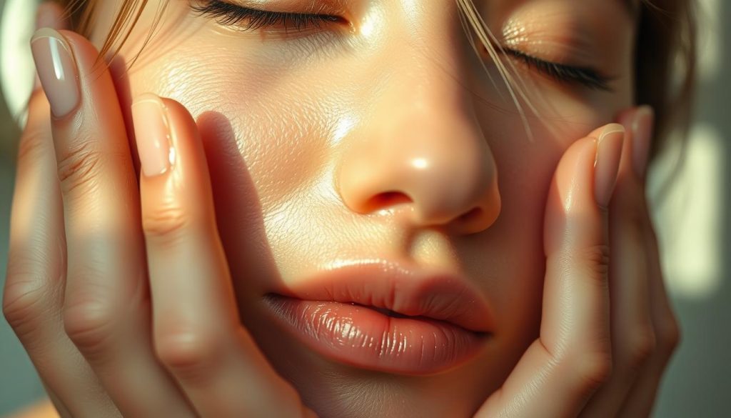 A serene, softly lit close-up of elegant porcelain skin, dewy and radiant. Delicate fingers gently massage aromatic facial oil into the face, nourishing and revitalizing the complexion. The scene exudes a tranquil, luxurious atmosphere, capturing the tranquil self-care rituals that precede a momentous occasion. Wispy strands of hair frame the face, adding a touch of ethereal beauty. Subtle highlights accentuate the natural contours, creating a luminous, youthful glow. The lighting is warm and diffused, evoking a sense of timelessness and inner peace.