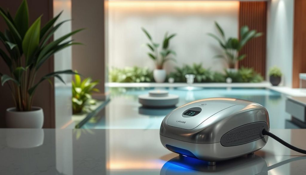 A serene spa-like setting with clean, modern lines and soft lighting. The foreground features a sleek, state-of-the-art laser device, its metallic casing reflecting the ambient light. In the middle ground, lush greenery and calming water features create a tranquil atmosphere. The background showcases a minimalist, yet elegant interior design with neutral tones and natural textures, suggesting a high-end personal beauty service. The overall scene conveys a sense of relaxation, professionalism, and the latest advancements in skincare technology.