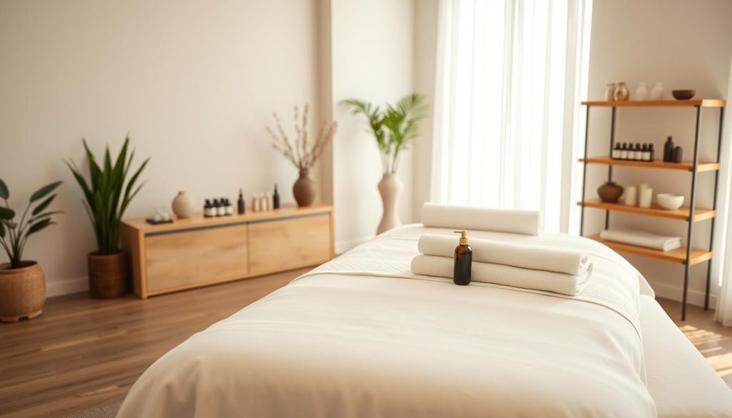 A serene, well-appointed massage therapy studio with soft, natural lighting cascading through large windows. In the foreground, a modern, ergonomic massage table draped in crisp, white linens. Soothing aromas of essential oils fill the air, while calming instrumental music plays softly in the background. The middle ground features an array of professional massage therapy tools and accessories, meticulously arranged on a sleek, wooden side table. The background showcases a zen-inspired decor, with minimalist shelves displaying artisanal massage oils and soothing candles. The overall atmosphere conveys a sense of tranquility, comfort, and the highest standards of professional massage therapy. A serene, well-appointed massage therapy studio with soft, natural lighting cascading through large windows. In the foreground, a modern, ergonomic massage table draped in crisp, white linens. Soothing aromas of essential oils fill the air, while calming instrumental music plays softly in the background. The middle ground features an array of professional massage therapy tools and accessories, meticulously arranged on a sleek, wooden side table. The background showcases a zen-inspired decor, with minimalist shelves displaying artisanal massage oils and soothing candles. The overall atmosphere conveys a sense of tranquility, comfort, and the highest standards of professional massage therapy.
