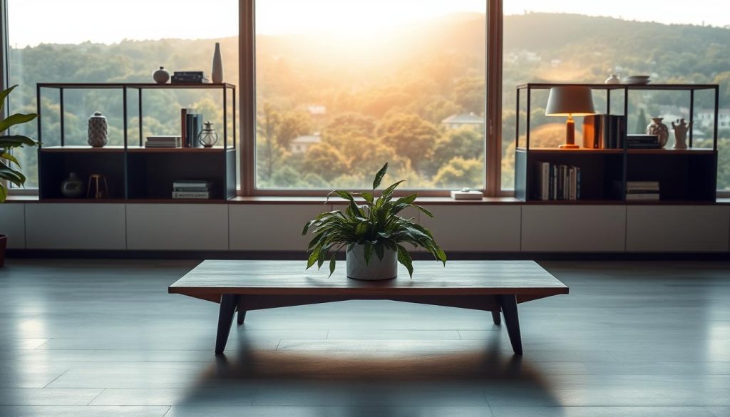 A serene, well-lit interior scene with a prominent, mid-century modern coffee table taking center stage. The table is adorned with a lush, verdant potted plant, its leaves casting soft, organic shadows. Behind the table, a set of elegant, minimalist shelves display a curated selection of decorative objects, books, and a vintage lamp providing a warm, ambient glow. The background features a large, panoramic window offering a view of a vibrant, green cityscape, bathed in the golden hues of the afternoon sun. The overall composition exudes a sense of tranquility, refinement, and a touch of sophistication.